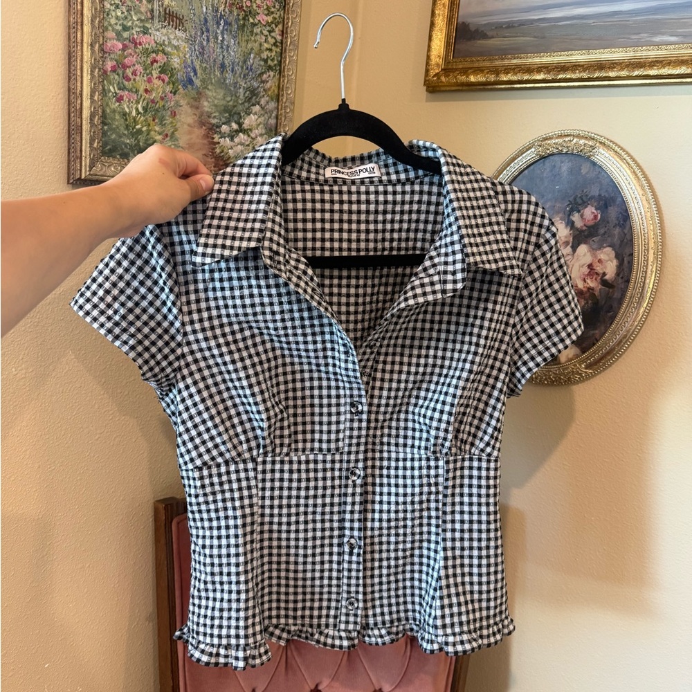 Princess Polly Black and White Checkered Button-Down Shirt Covey Shirred Puff